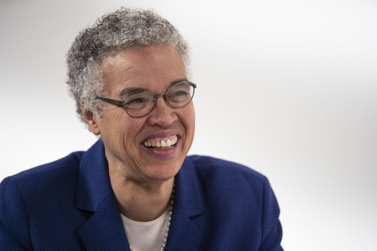 Mayoral candidate Cook County Board President Toni Preckwinkle is interviewed by reporter Fran Spielman at the Chicago Sun-Times studio, Friday morning, March 1, 2019. | Ashlee Rezin/Sun-Times