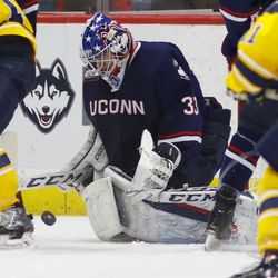 The Merrimack Warriors take on the UConn Huskies in a men’s college hockey game at the XL Center in Hartford, CT on February 9, 2019.