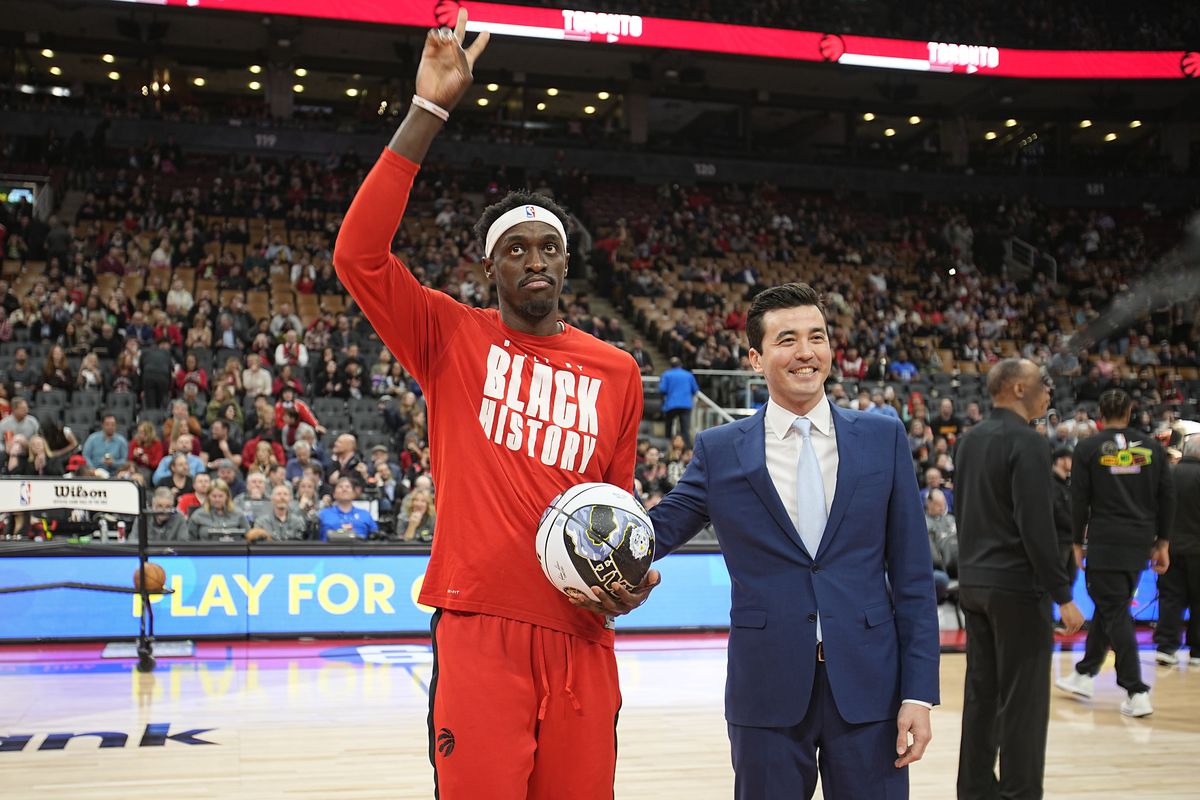 Feb 14, 2023; Toronto, Ontario, CAN; Toronto Raptors forward Pascal Siakam (43) acknowledges the fans after a presentation for being selected to the All-Star team by general manager Bobby Webster before a game against the Orlando Magic at Scotiabank Arena. Mandatory Credit: John E. Sokolowski