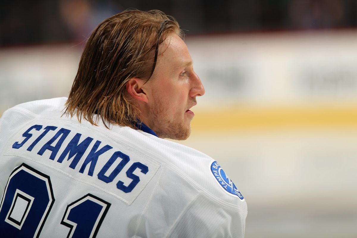 DENVER, CO - DECEMBER 23:  Steven Stamkos #91 of the Tampa Bay Lightning warms up prior to facing the Colorado Avalanche at the Pepsi Center on December 23, 2011 in Denver, Colorado.  (Photo by Doug Pensinger/Getty Images)