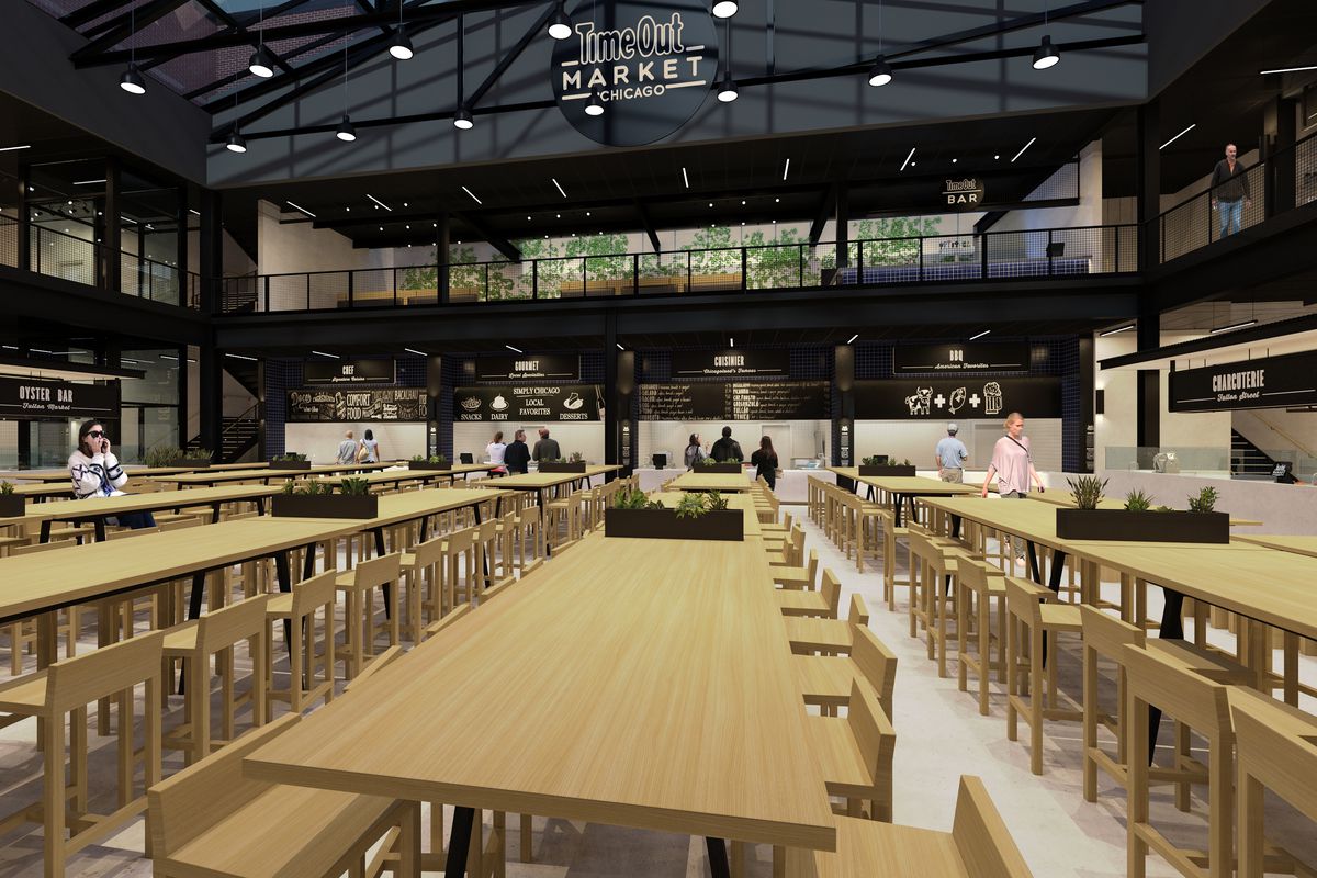 A rendering of a food hall with plenty of communal tables.