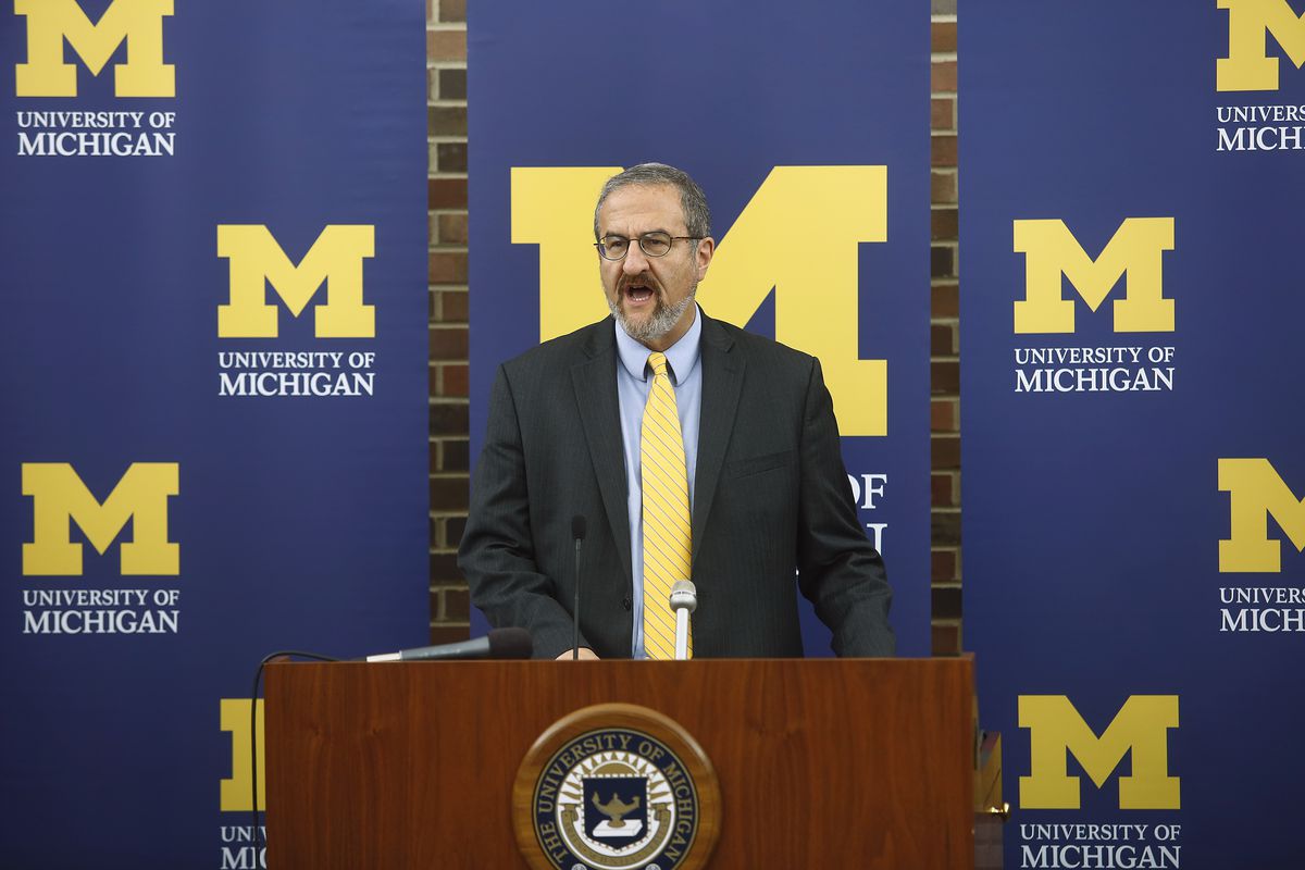 University of Michigan President Mark Schlissel speaks at a news conference announcing the resignation of Michigan Athletic Director David Brandon in the Regents Room of the Fleming Administration Building October 31, 2014 in Ann Arbor, Michigan.