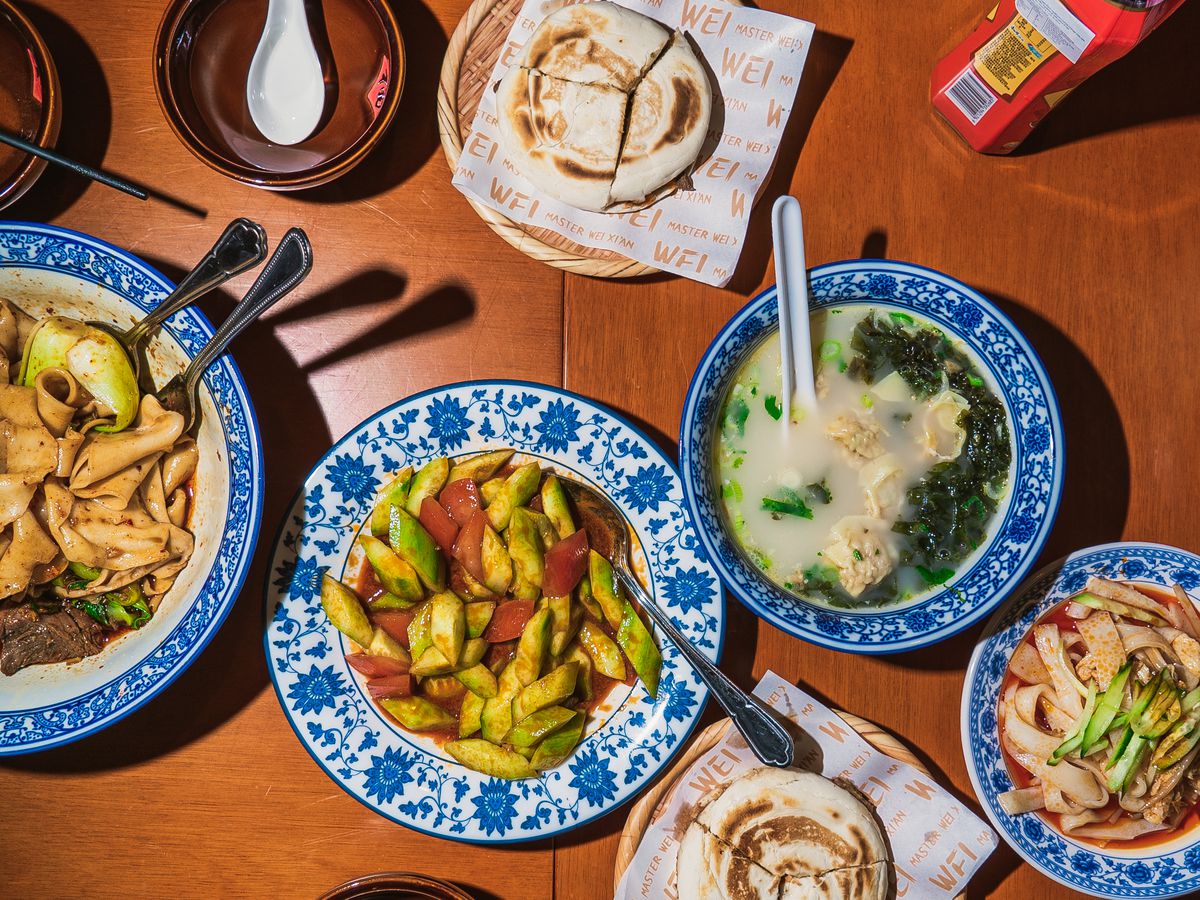 Biang biang noodles, smacked cucumbers, ou jia mo, and liang pi at Master Wei, Wei Guirong’s outstanding Xi’an Chinese restaurant in Bloomsbury central London