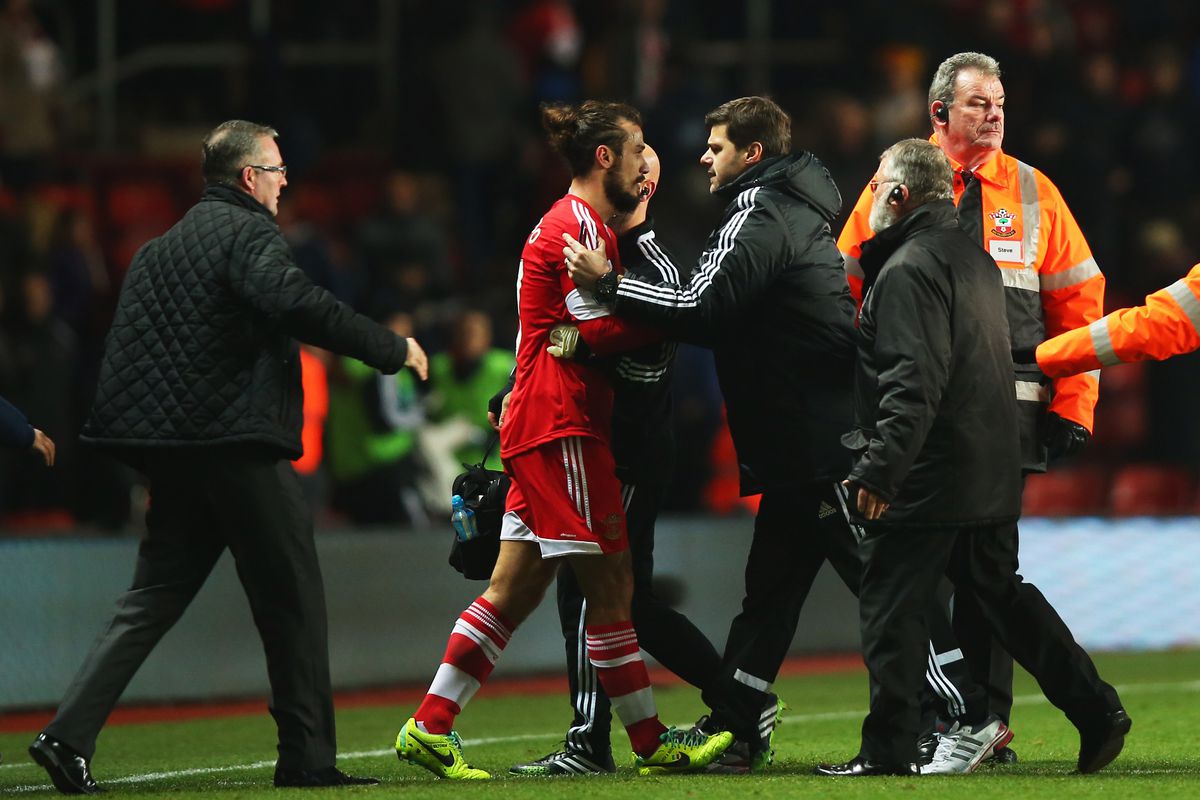 Saints boss Pochettino and Aston Villa manager Paul Lambert attempt to restrain Osvaldo