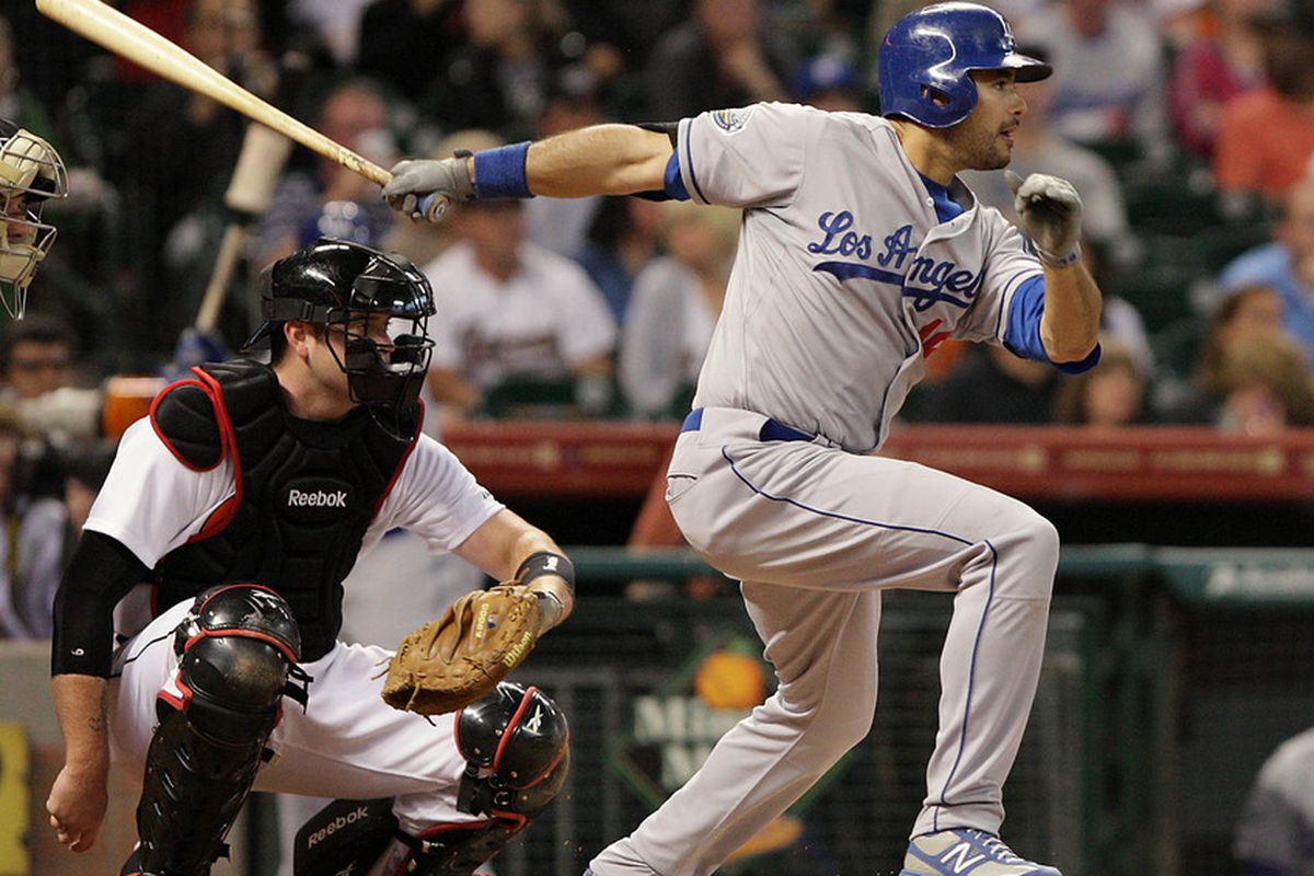 April 20, 2012; Houston, TX, USA; Los Angeles Dodgers outfielder Andre Ethier (16) bats in the first inning against the Houston Astros at Minute Maid Park. Mandatory Credit: Troy Taormina-US PRESSWIRE