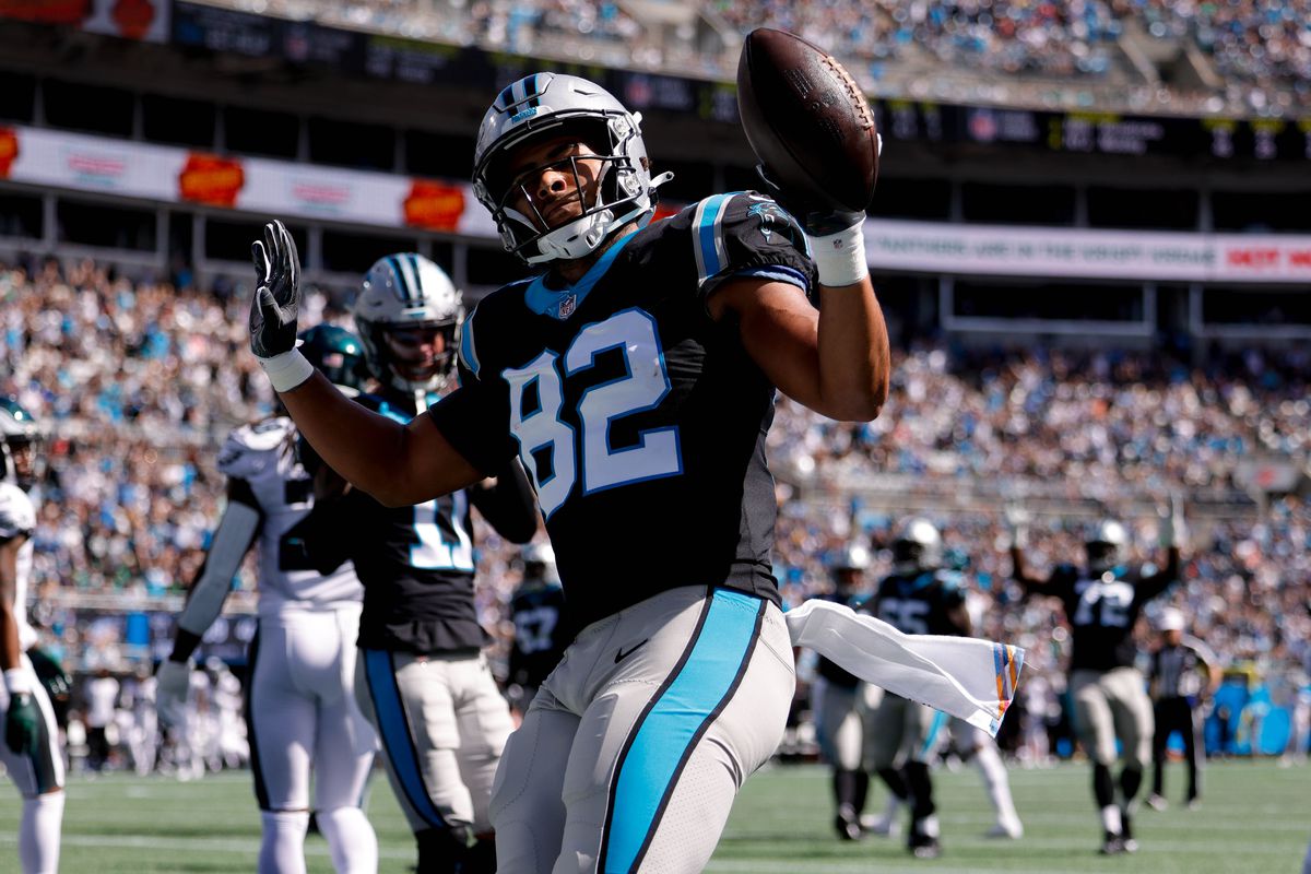 Carolina Panthers tight end Tommy Tremble (82) reacts after a touchdown during the first half against the Philadelphia Eagles at Bank of America Stadium.