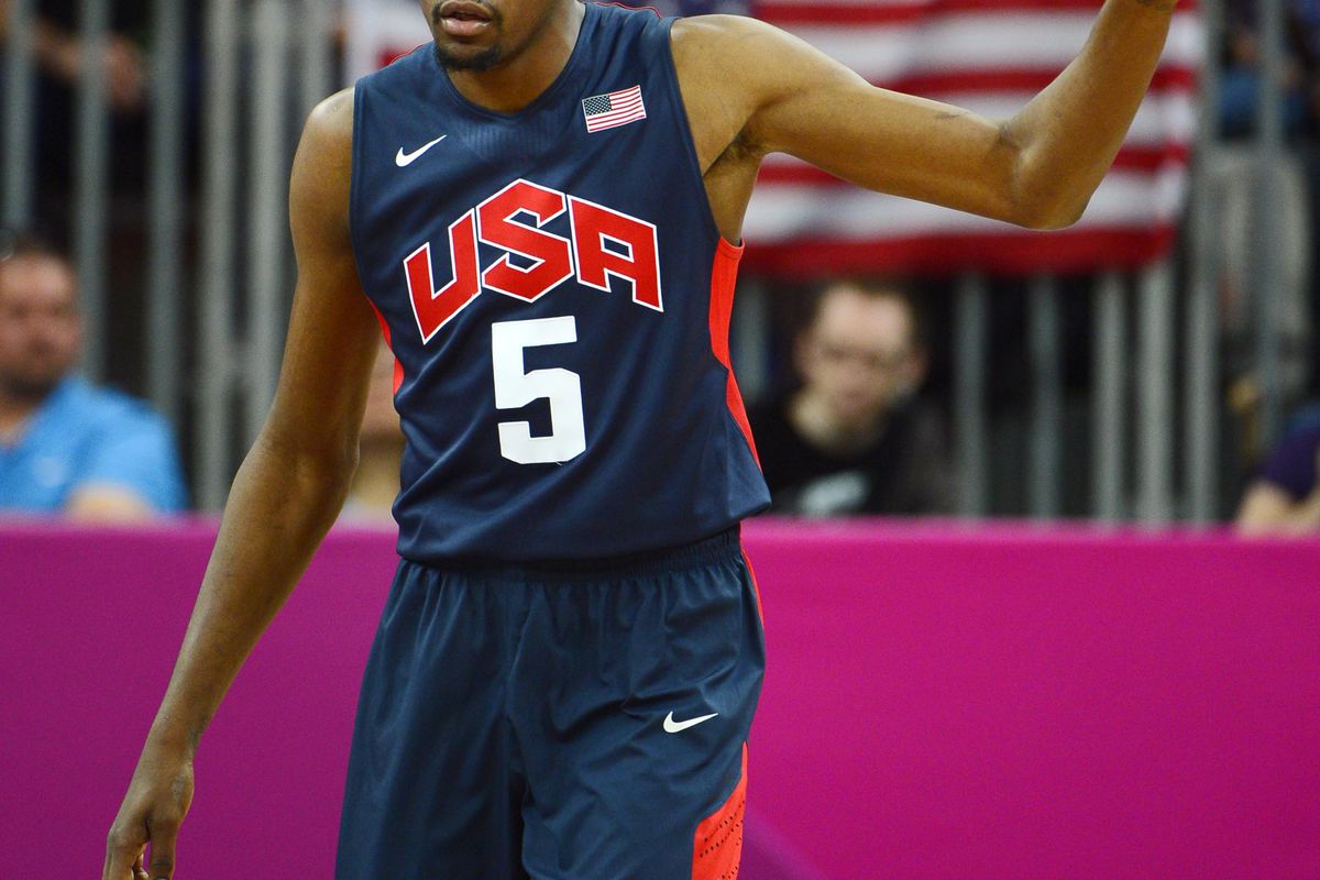 Aug 4, 2012; London, United Kingdom; USA guard Kevin Durant (5) reacts in a preliminary round game against Lithuania during the 2012 London Olympic Games at Basketball Arena. Mandatory Credit: Christopher Hanewinckel-USA TODAY Sports