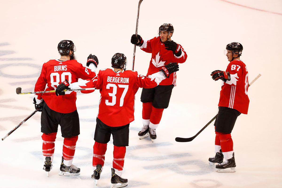 World Cup Of Hockey 2016 - Czech Republic v Canada, Brent Burns, Patrice Bergeron, Brad Marchand, Sidney Crosby celebrate a goal