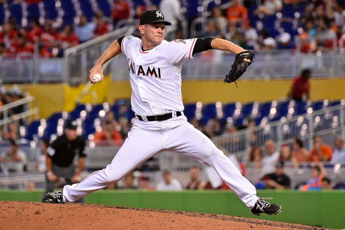 Miami Marlins relief pitcher Drew Rucinski delivers a pitch in the ninth inning against the Cincinnati Reds at Marlins Park.