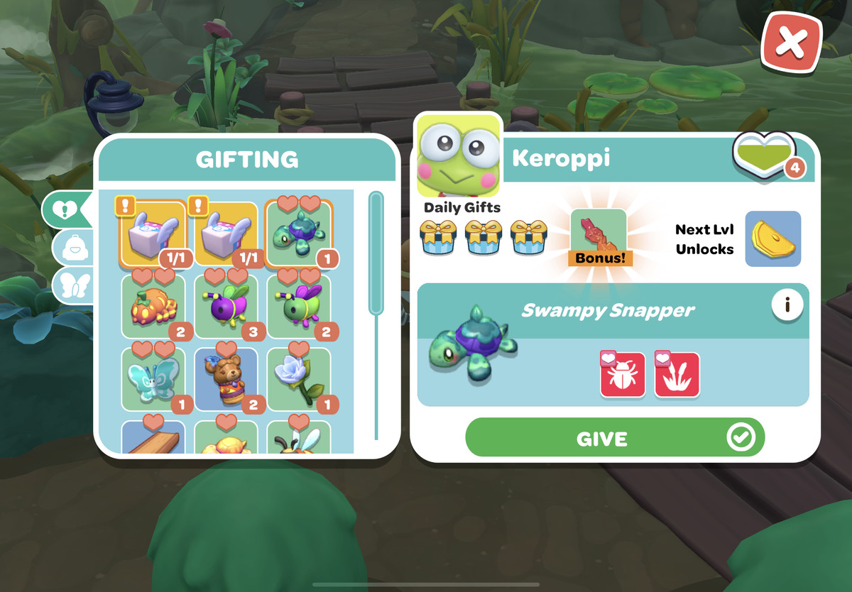 An image of a UI of a menu in the game. It shoes gifts you can give to Keroppi. Above certain critters in the inventory, you can see two hearts or one heart above the item which show how much Keroppi likes each gift.