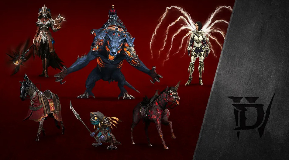 Stock images of the Temptation Mount, Hellborn Carapace Mount Armor, Inarius Wings, Inarius Murloc Pet, Amalgam of Rage Mount, and Umber Winged Darkness cosmetic items. 