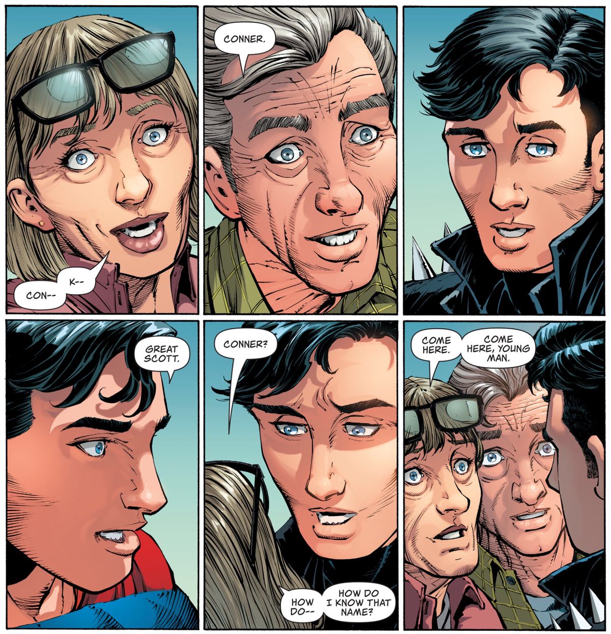 Ma and Pat Kent suddenly remember their grandson from another timeline, Conner Kent, as soon as they see him, in Action Comics #1022, DC Comics (2020). 