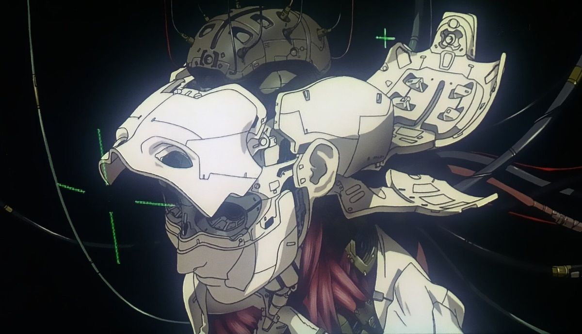 A cyborg being assembled with holographic cursors hovering at the sides in Ghost in the Shell.