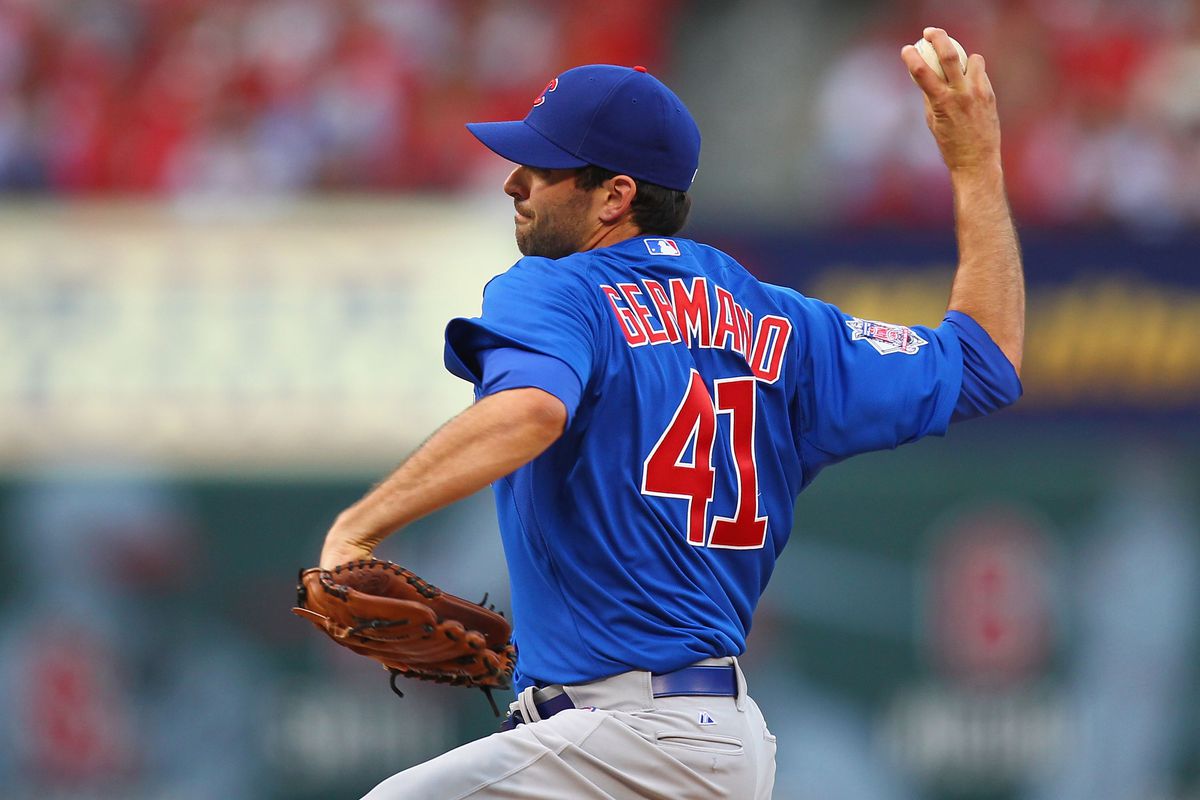 ST. LOUIS, MO - JULY 21: Reliever Justin Germano #41 of the Chicago Cubs pitches against the St. Louis Cardinals at Busch Stadium on July 21, 2012 in St. Louis, Missouri.  (Photo by Dilip Vishwanat/Getty Images)