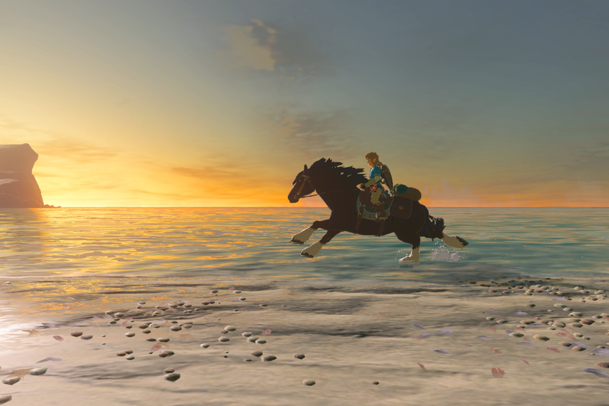 The Legend of Zelda: Breath of the Wild - Link on horseback on beach