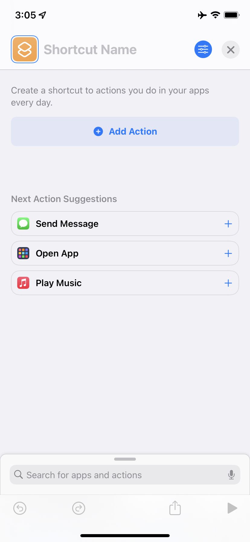 After you select the plus sign to start a new shortcut, tap on Add Action.