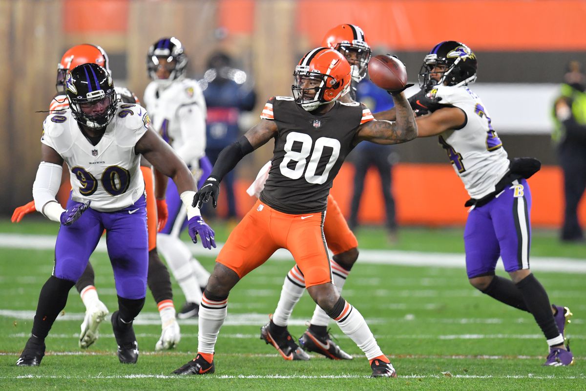 Jarvis Landry #80 of the Cleveland Browns attempts a pass during the first quarter against the Baltimore Ravens in the game at FirstEnergy Stadium on December 14, 2020 in Cleveland, Ohio.