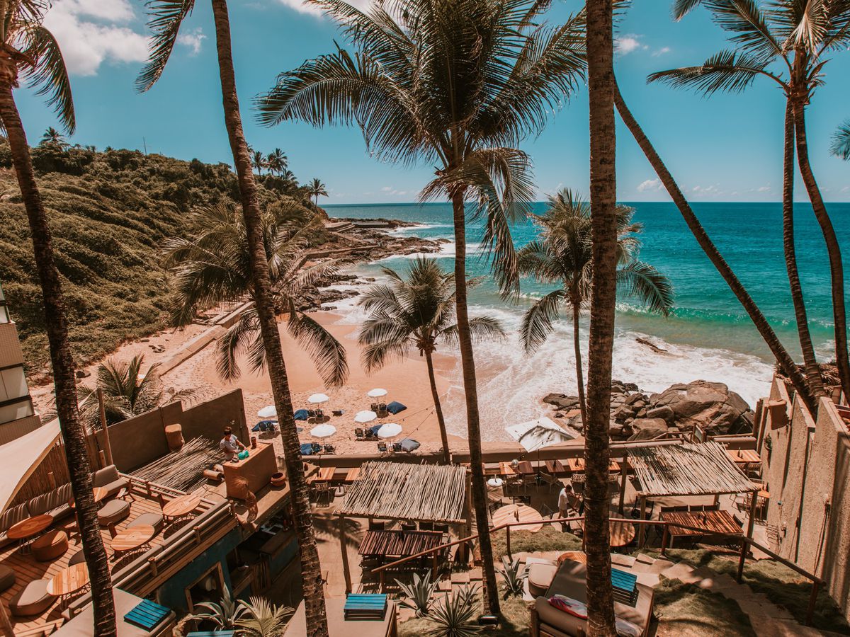 Small plots with beds, beach umbrellas, and tables dine their way down a hillside beneath swaying palm trees toward a beachy cove where sunbathers are visible beneath more umbrellas