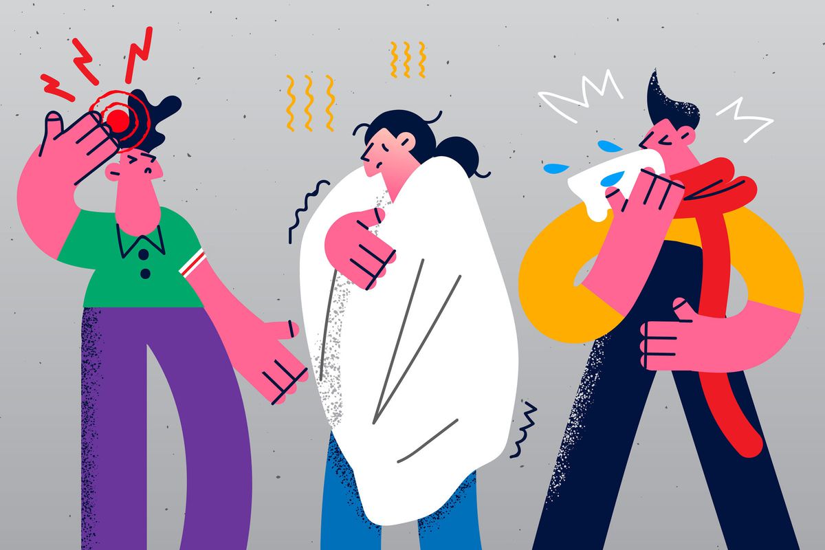 Cartoon drawing of three people experiencing symptoms of illness: headache, chills, and fever.