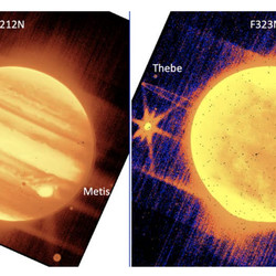 <em>Left: Jupiter and some of its moons seen through NIRCam instrument 2.12 micron filter. Right: Jupiter and moons seen through NIRCam’s 3.23 micron filter.</em>