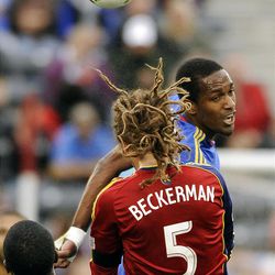 Colorado Rapids forward Atiba Harris, right, of St. Kitts, and Real Salt Lake midfielder Kyle Beckerman, left, fight for a header in the first half of an MLS soccer game in Commerce City, Colo., on Saturday, April 6, 2013. (AP Photo/Chris Schneider)