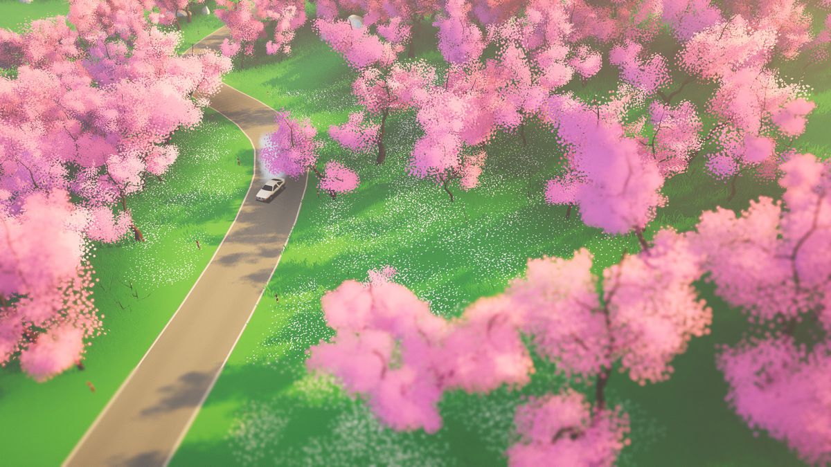 pink blossomed trees line a countryside road in Art of Rally