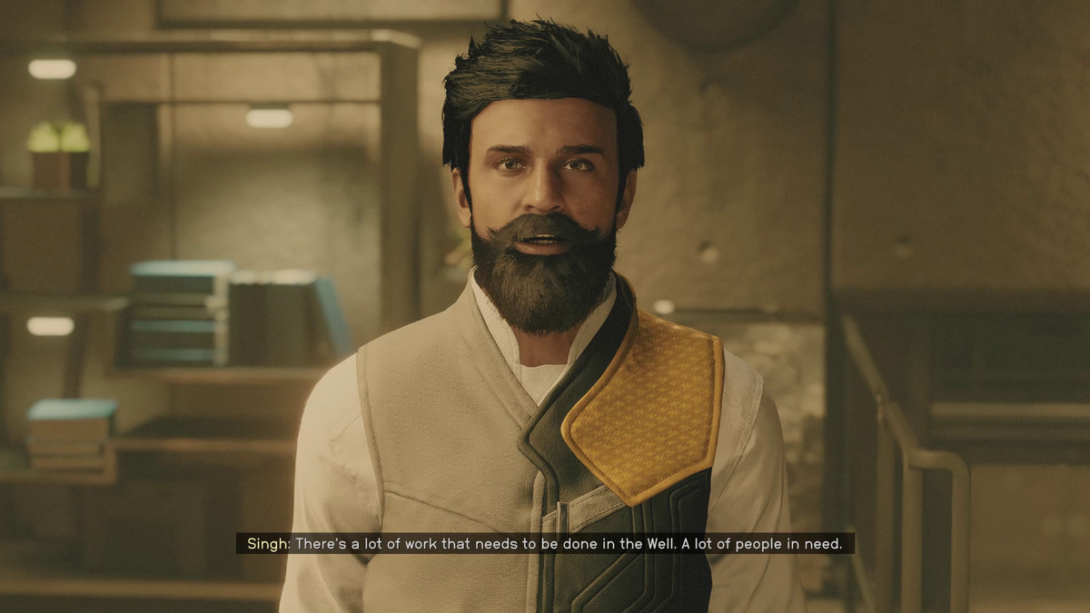 The player talks to Singh in the House of Enlightenment in Starfield