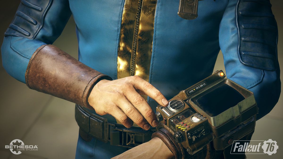 Fallout 76 - vault dweller touching his Pip-Boy