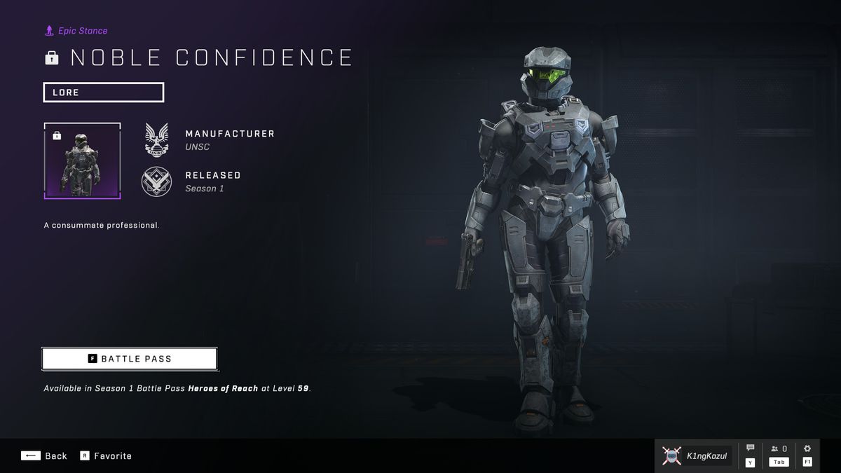 A customized Spartan in Halo Infinite cocks their hip in the “Noble Confidence” pose selection screen