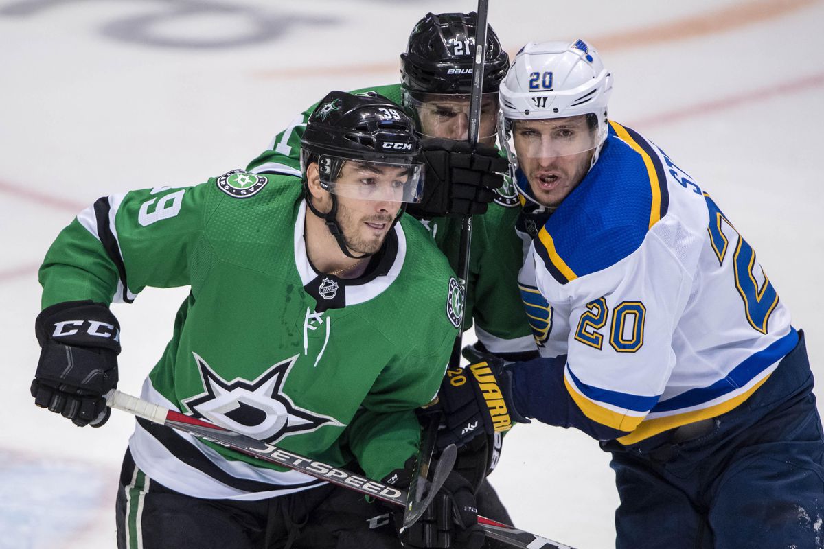May 1, 2019; Dallas, TX, USA; Dallas Stars defenseman Joel Hanley (39) and defenseman Ben Lovejoy (21) defend against St. Louis Blues left wing Alexander Steen (20) during the third period in game four of the second round of the 2019 Stanley Cup Playoffs 