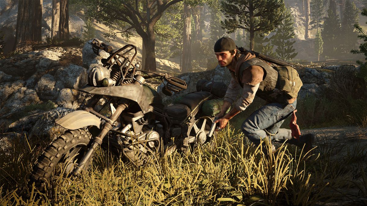 Days Gone - the main character Deacon creeps past his downed motorcycle with his pistol drawn
