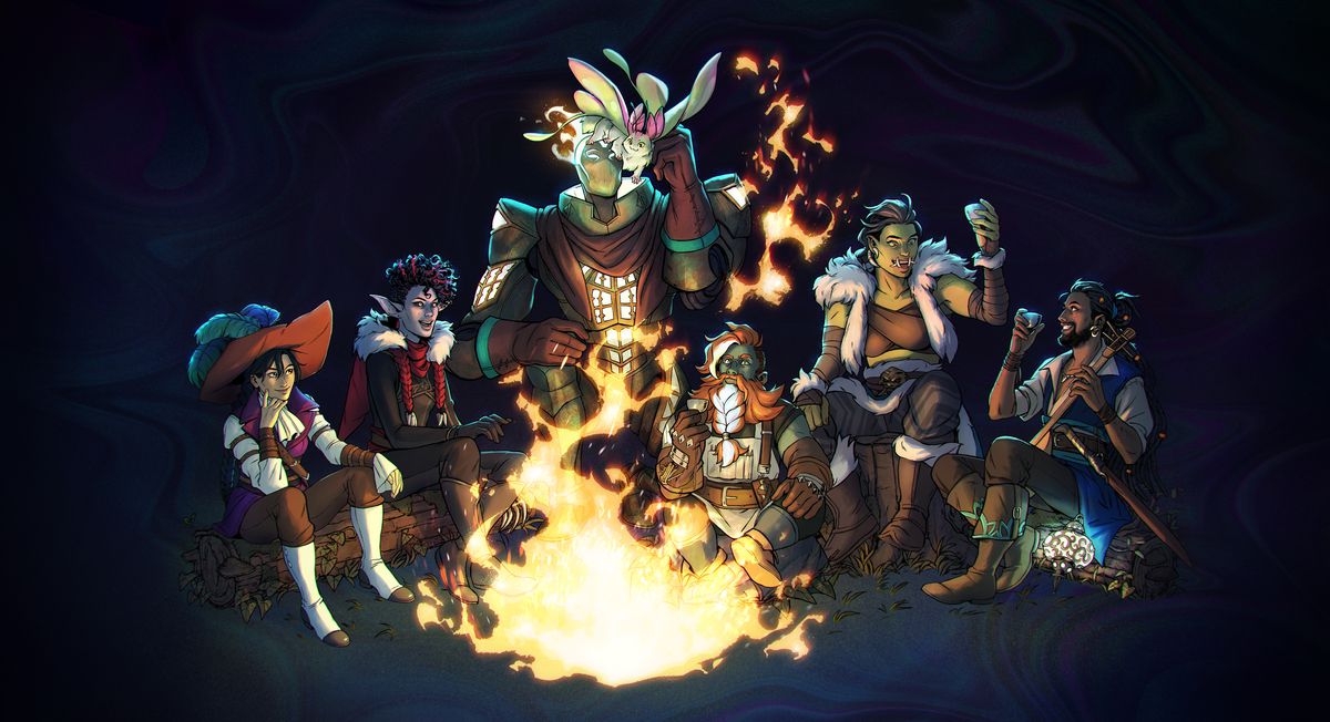 A group of adventurers sitting around a fire.