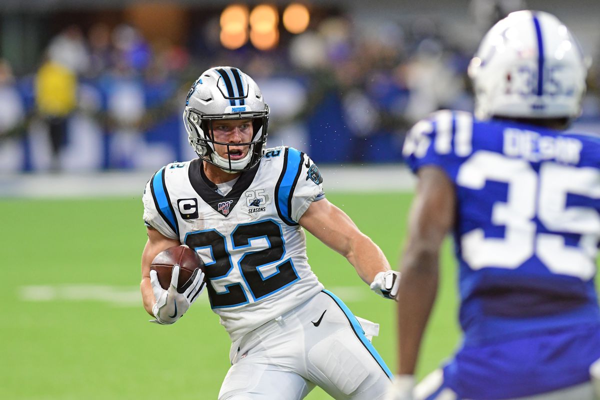 Carolina Panthers running back Christian McCaffrey runs to the outside against the Indianapolis Colts in the second half at Lucas Oil Stadium.&nbsp;