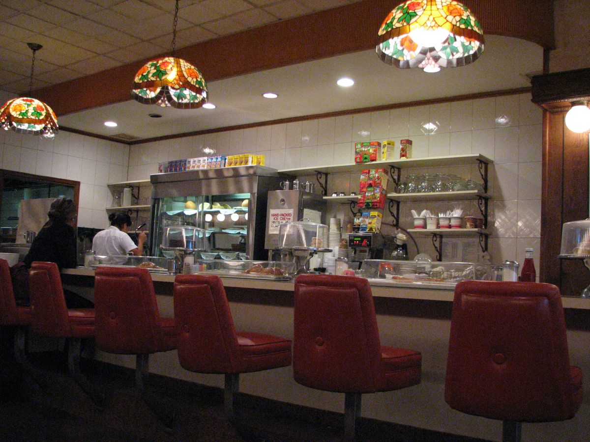 The counter and stools at Jahn’s, the last remaining location of century-old chain of ice cream parlors.