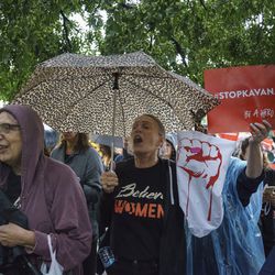 Protesters march from the Supreme Court to Hart Senate Office Building on Capitol Hill in Washington, Monday, Sept. 24, 2018. A second allegation of sexual misconduct has emerged against Judge Brett Kavanaugh, a development that has further imperiled his nomination to the Supreme Court, forced the White House and Senate Republicans onto the defensive and fueled calls from Democrats to postpone further action on his confirmation. President Donald Trump is so far standing by his nominee. (AP Photo/Carolyn Kaster)