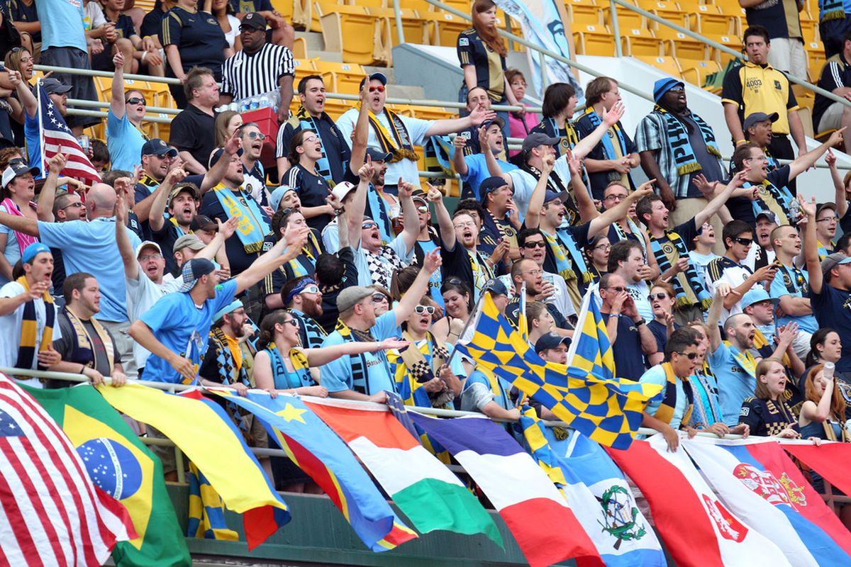 WASHINGTON, DC - JULY 2: The traveling fan section of the Philadelphia Union cheers during game against D.C. United at RFK Stadium on July 2, 2011 in Washington, DC. (Photo by Ned Dishman/Getty Images)
