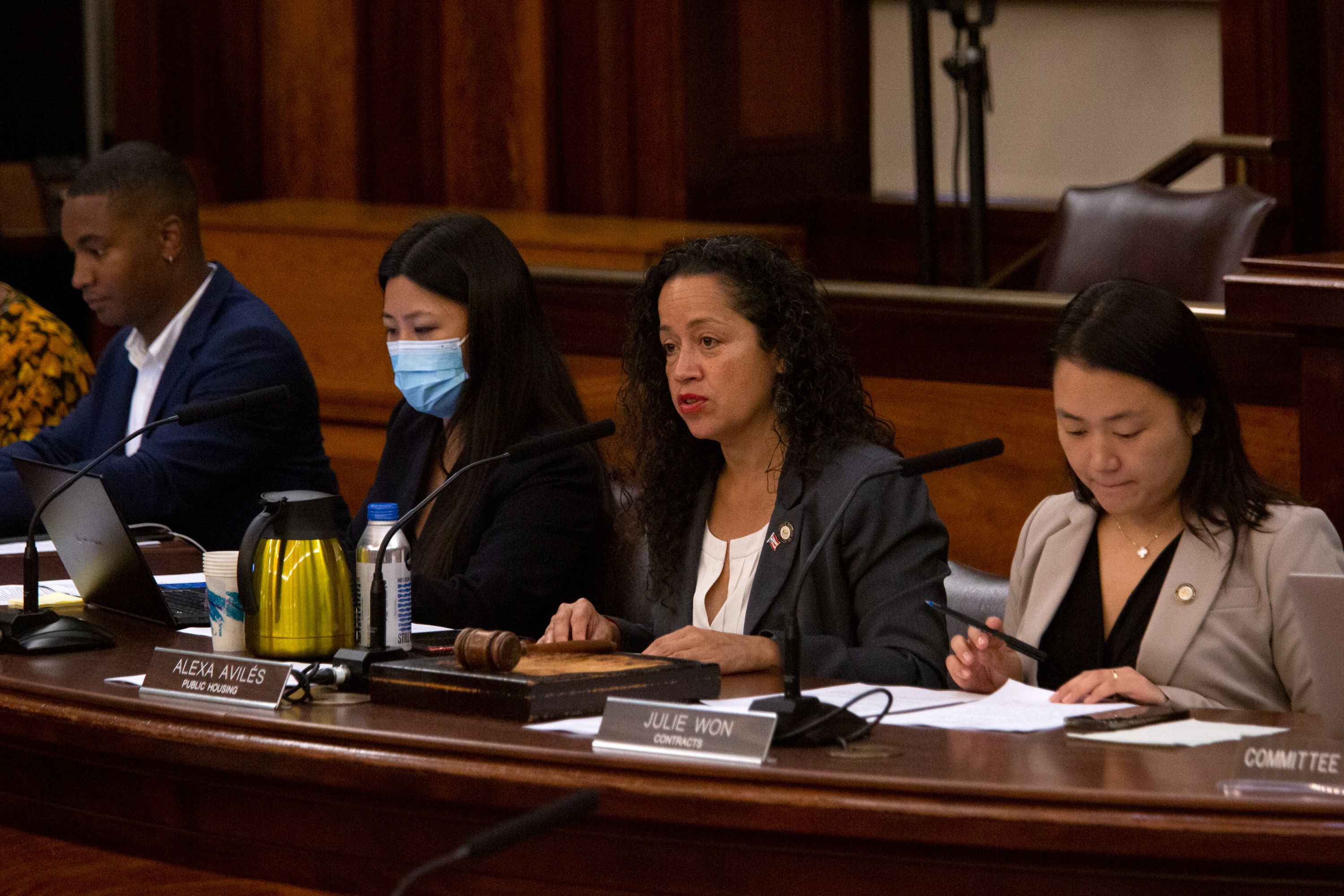 Councilmember Alexa Aviles speaks in the main City Hall chambers about NYCHA contracts.