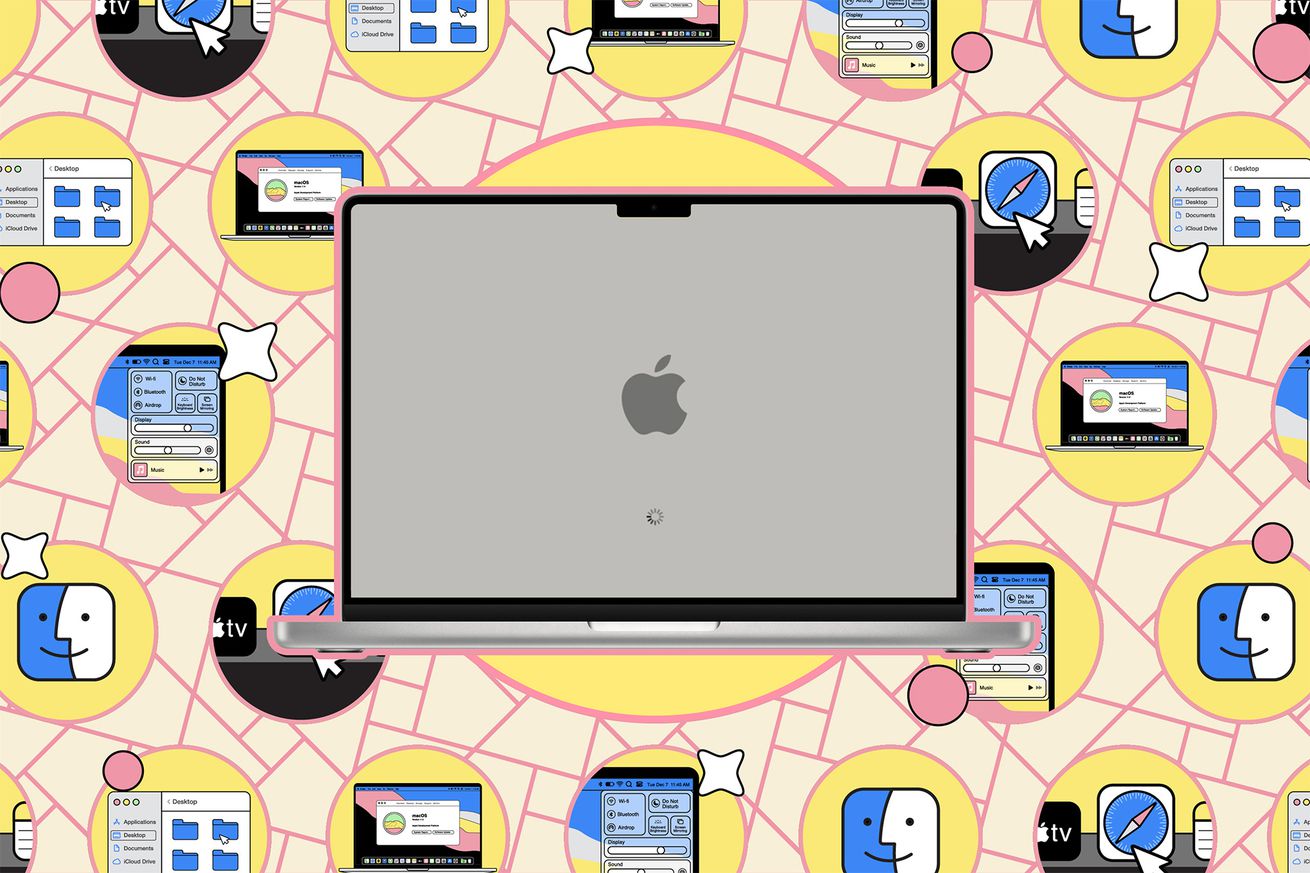 A Mac with an Apple symbol against an illustrated background.