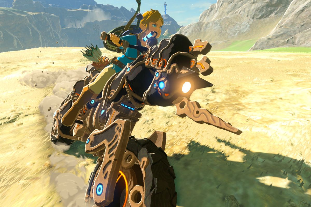 Link rides on the Master Cycle motorcycle in a screenshot from The Legend of Zelda: Breath of the Wild’s DLC pack.