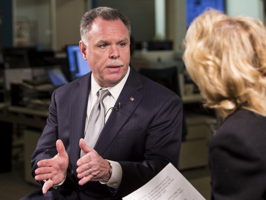 Former Chicago Police Supt. Garry McCarthy sits down for a conversation with reporter Fran Spielman at the Chicago Sun-Times in March. File Photo. | Ashlee Rezin/Sun-Times