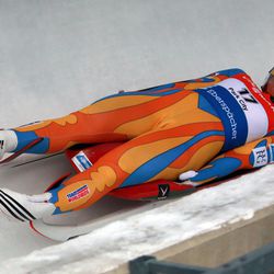 USA's Kate Hansen competes in the women's race of the luge World Cup at the Utah Olympic Park in Park City on Friday, Dec. 13, 2013.