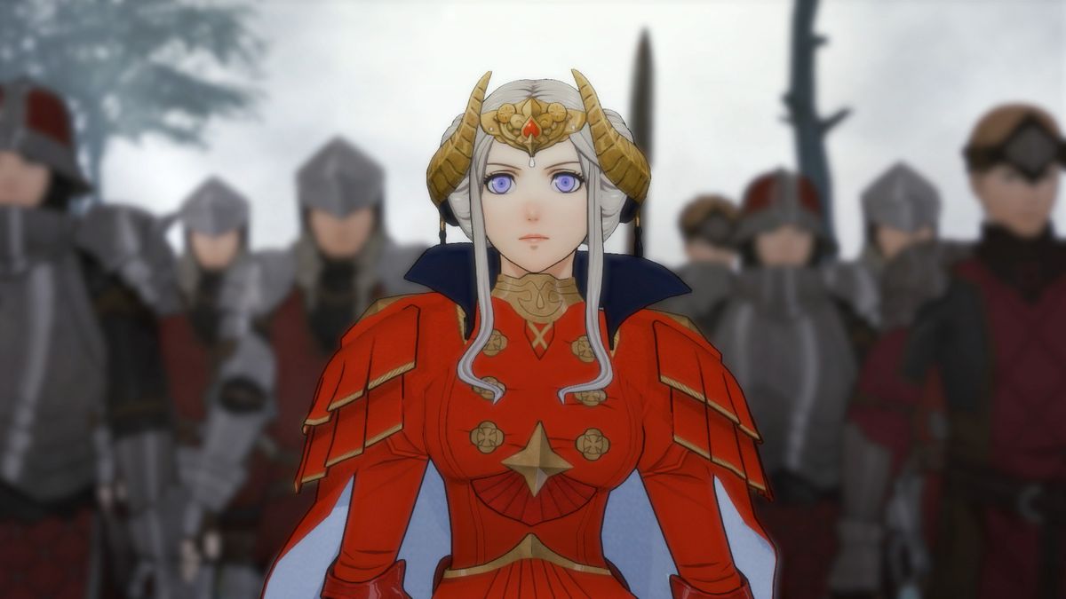 Edelgard, wearing all red, stands in front of soldiers in Fire Emblem: Three Houses