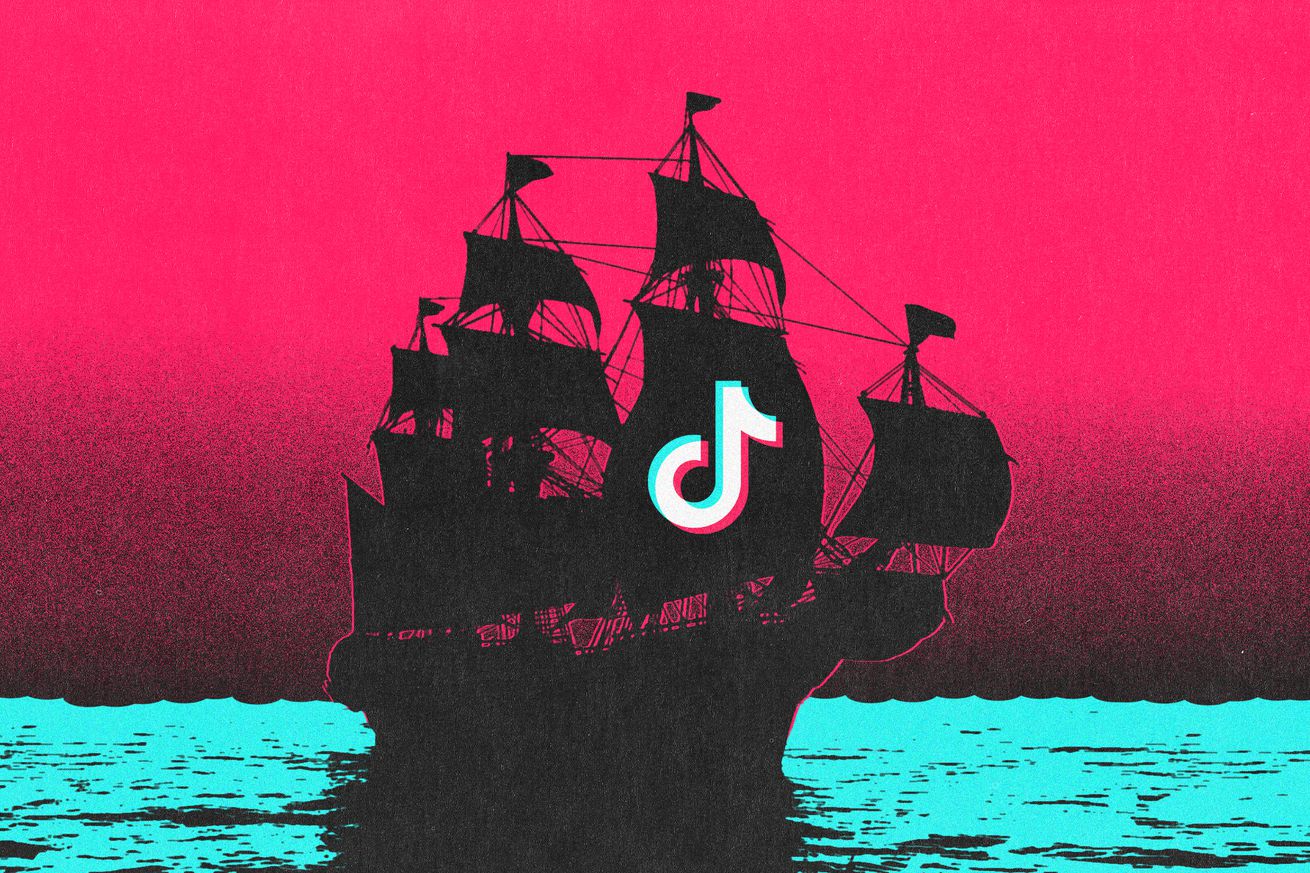 Illustration of an old sailing ship with the Tiktok logo.
