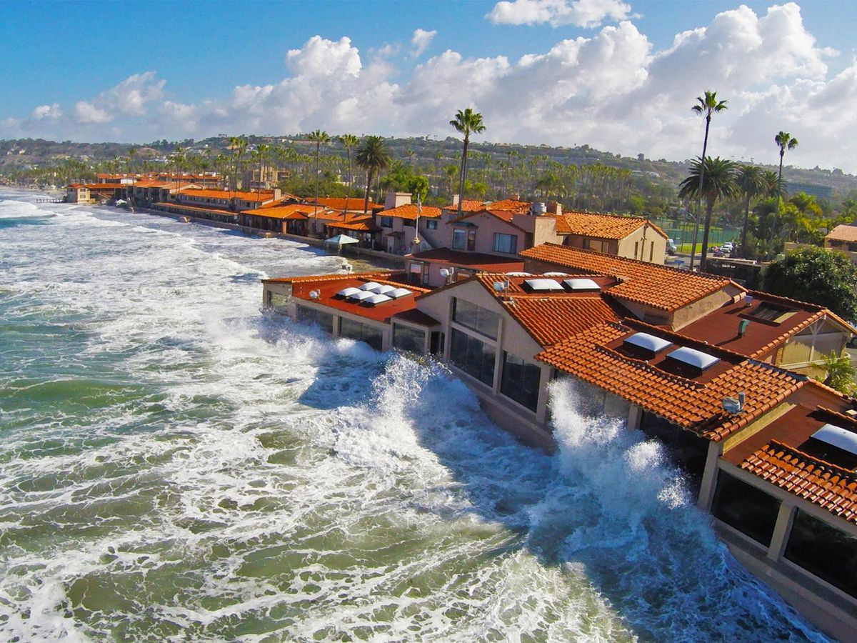 Aerial view of The Marine Room at high tide in La Jolla, California