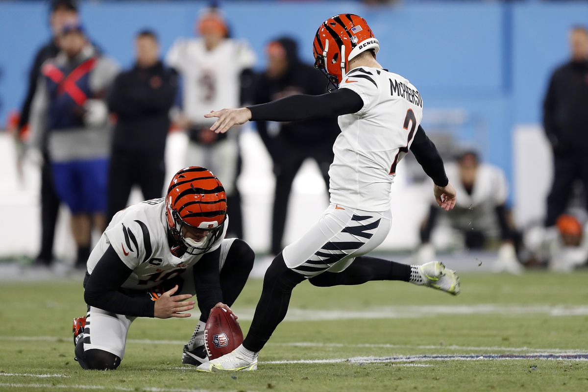 Kicker Evan McPherson #2 of the Cincinnati Bengals hits the game winning field goal against the Tennessee Titans in the AFC Divisional Playoff game at Nissan Stadium on January 22, 2022 in Nashville, Tennessee.