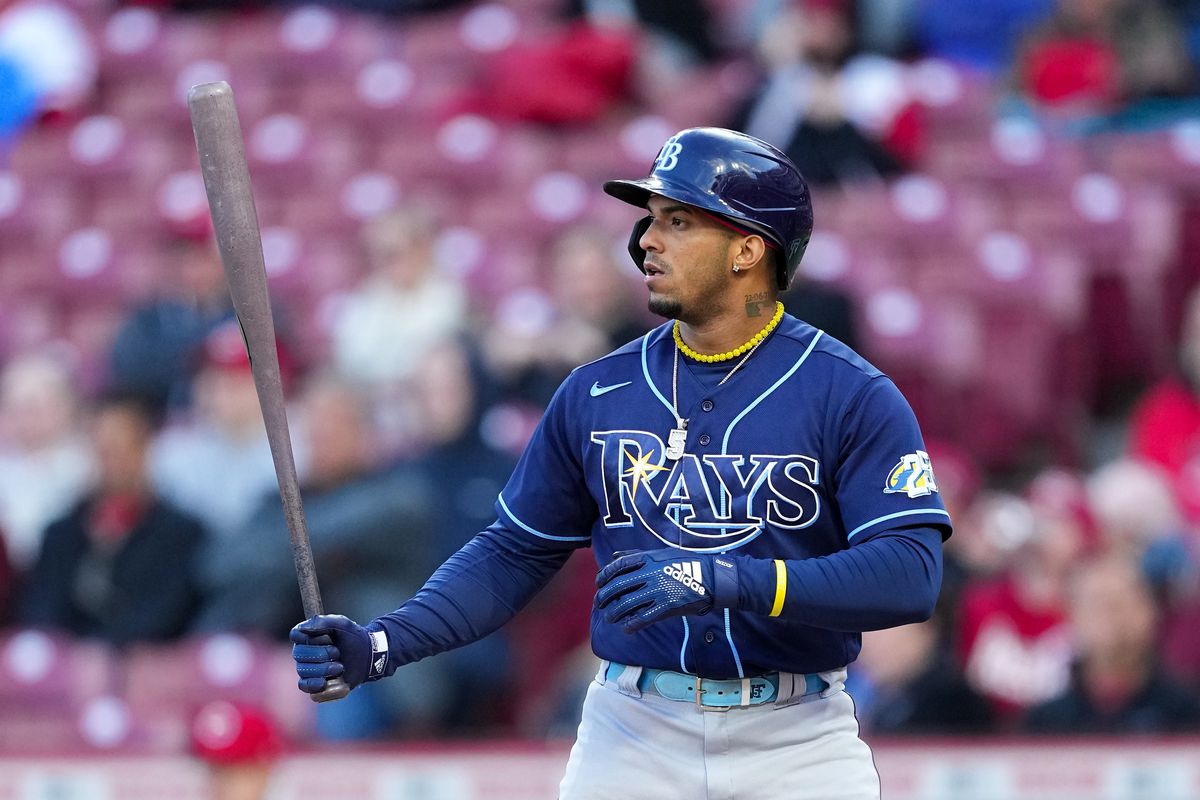 Wander Franco of the Tampa Bay Rays bats in the fourth inning against the Cincinnati Reds at Great American Ball Park on April 17, 2023 in Cincinnati, Ohio.