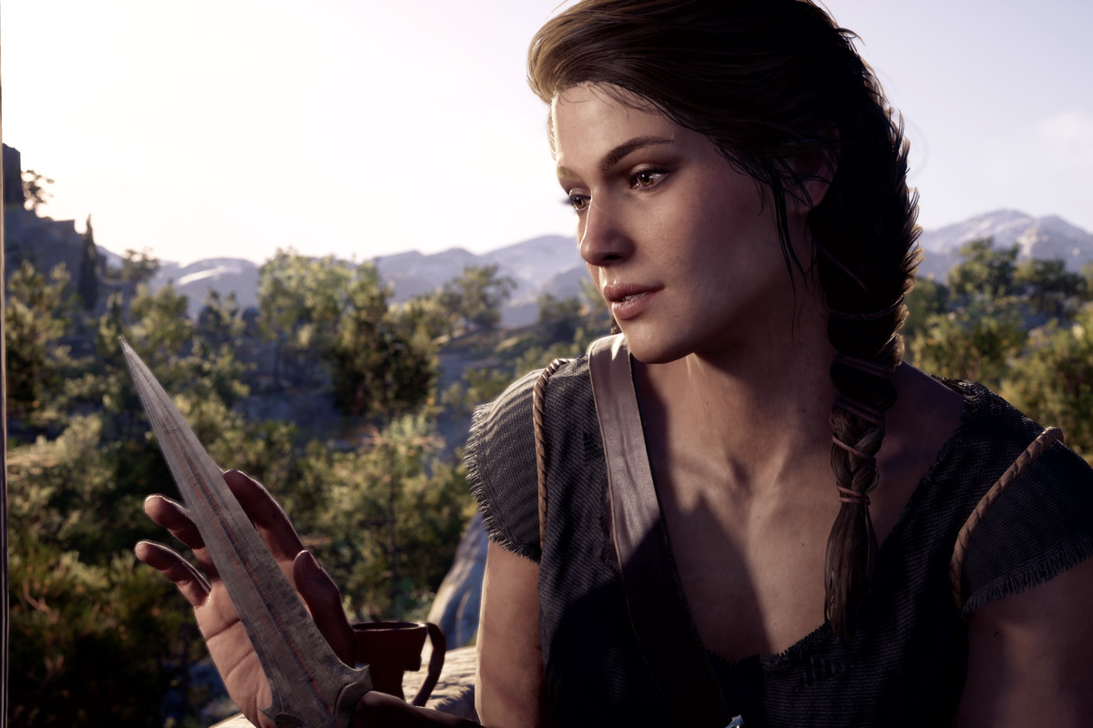 Kassandra admiring a knife in Assassin’s Creed Odyssey