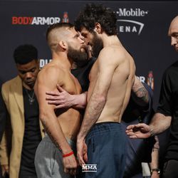 Jeremy Stephens and Zabit Magomedsharipov square off at UFC 235 weigh-ins.