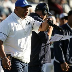 BYU head coach Kalani Sitake reacts during a game against the UMass Minutemen at LaVell Edwards Stadium in Provo on Saturday, Nov. 19, 2016.
