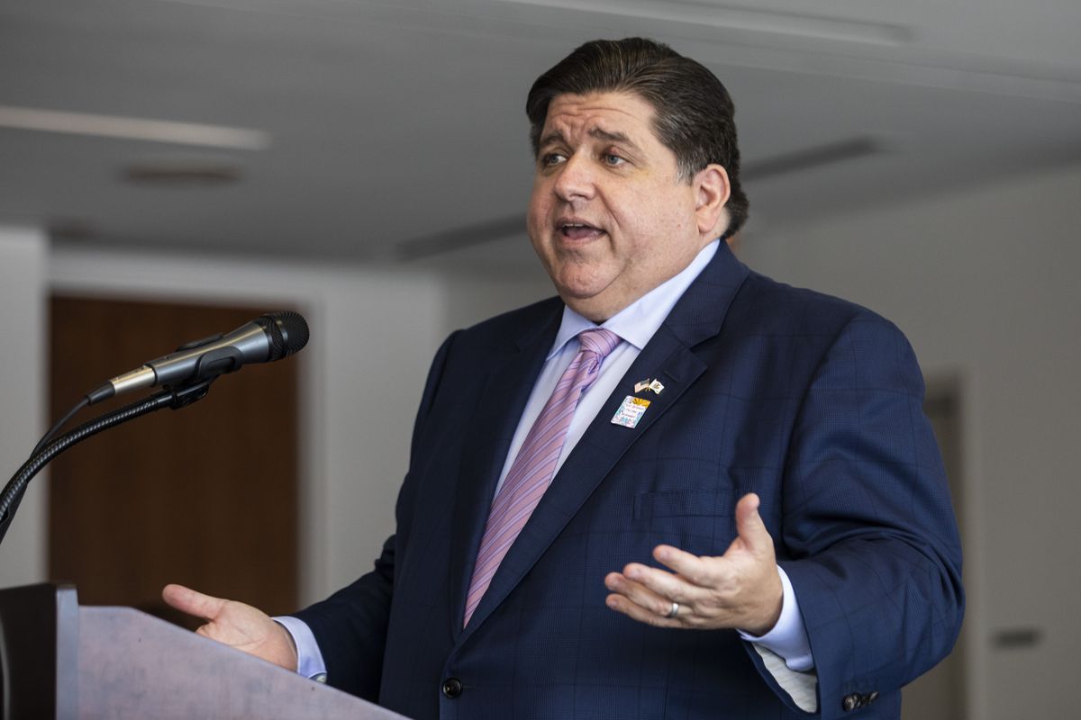 Gov. J.B. Pritzker speaks during a news conference on the North Side on Tuesday.